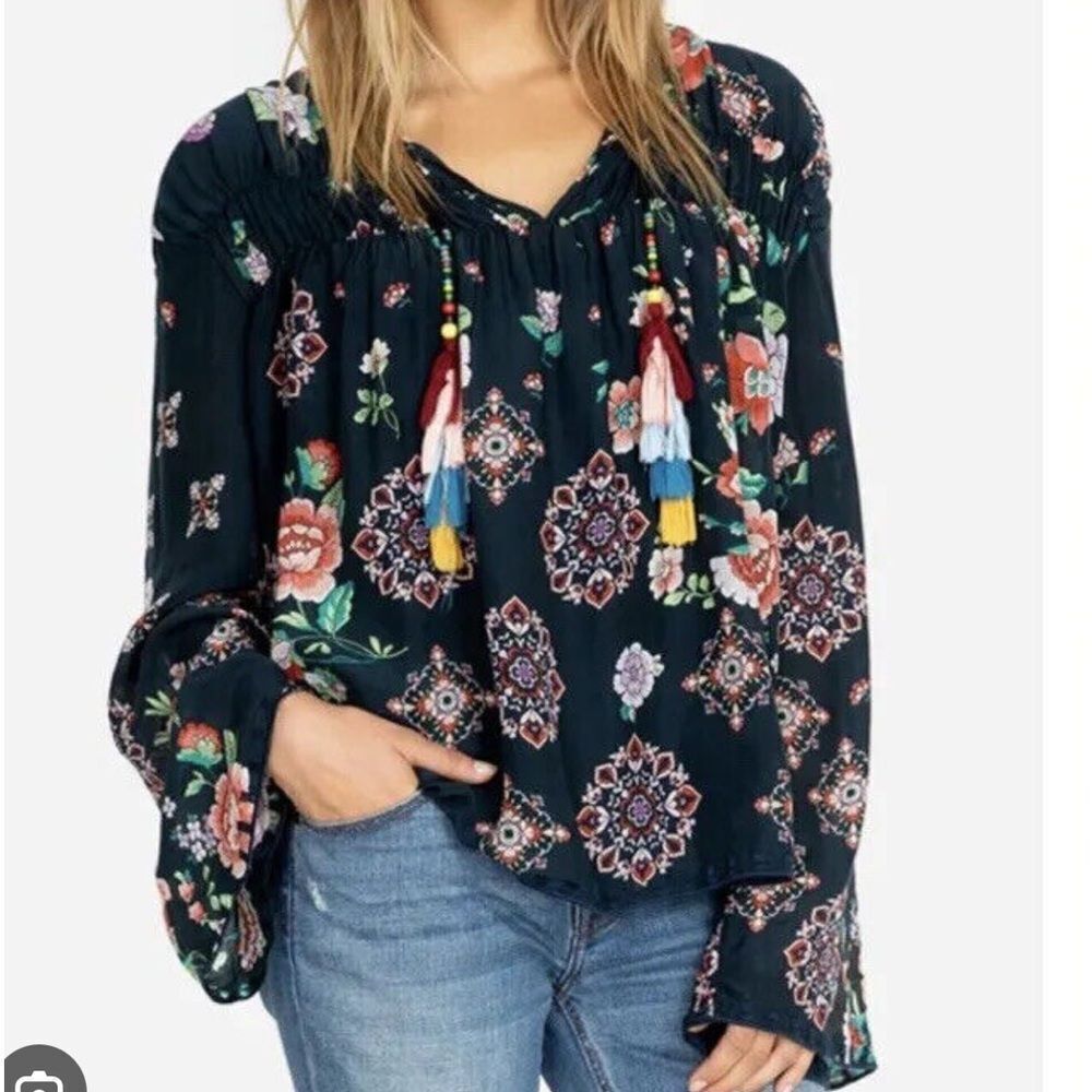 Johnny Was Harley Womens Blouse Top XS Navy Floral Boho Tunic‎ Top Nwot